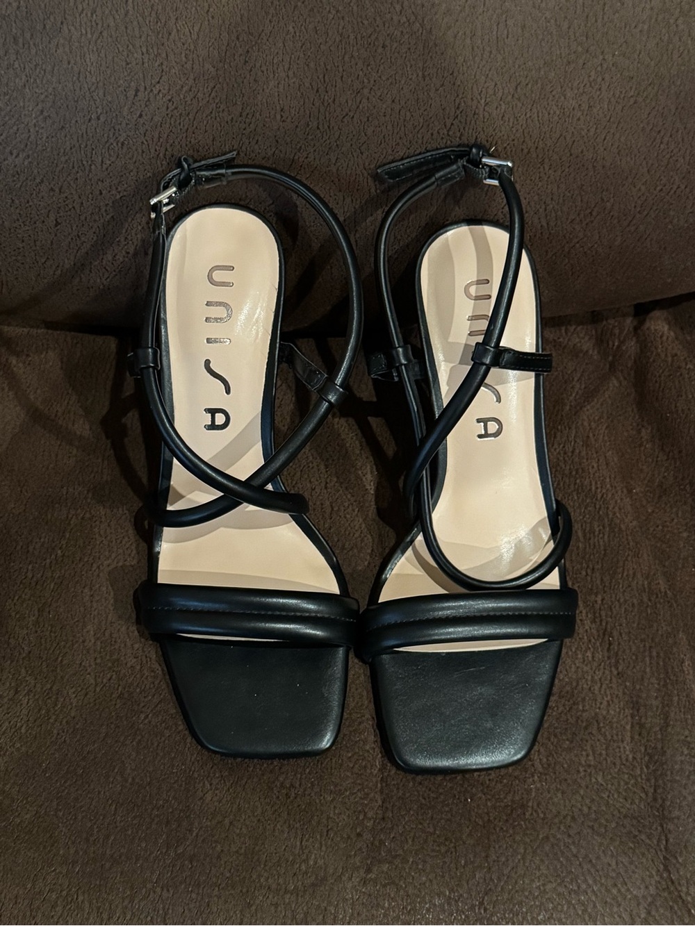 Unisa Black Crisscross Square-Toe Heels